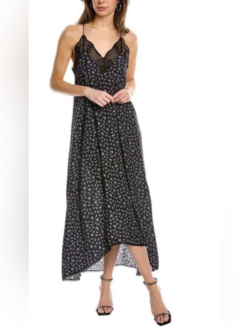 Zadig & Voltaire Risty Noir/Black Floral Lace-Trim High-Low Slip Dress